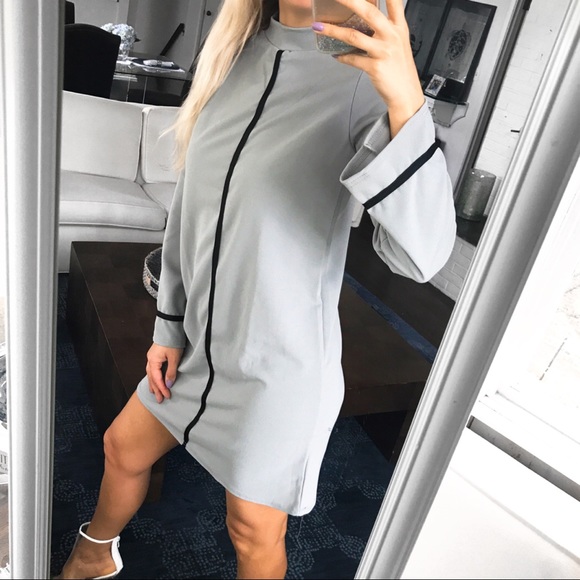 🆕 GREY HIGH NECK BLACK TRIM LONG SLEEVE DRESS! - Picture 3 of 8